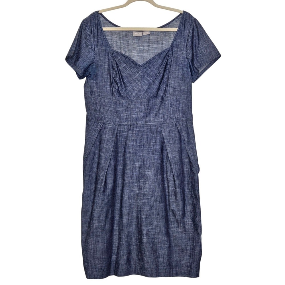 eShakti Custom Blue Cotton Dress Short Sleeve‎ Career Chambray Casual Office L
